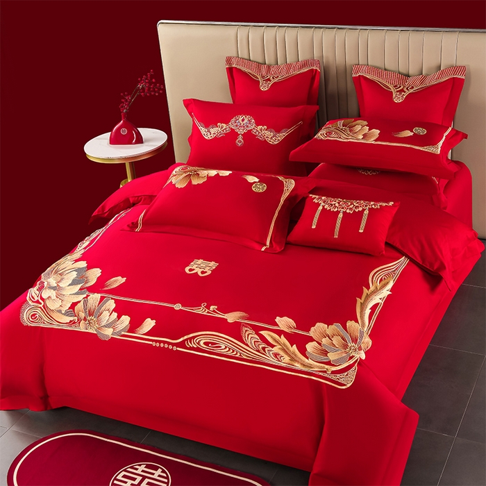 91家纺网 家纺一手货源 找家纺 董成龙家纺 2025新款全棉中式精美绣花工艺婚庆系列四件套多件套 真爱永恒