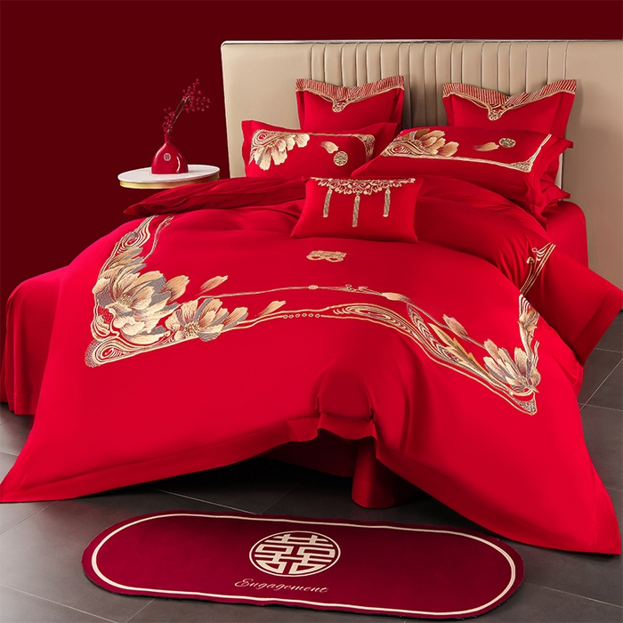 91家纺网 家纺一手货源 找家纺 董成龙家纺 2025新款全棉中式精美绣花工艺婚庆系列四件套多件套 真爱永恒