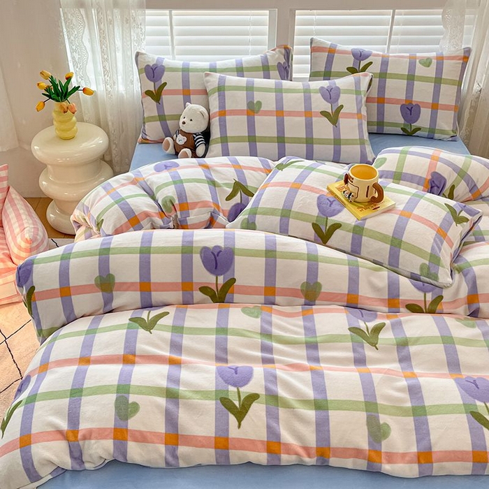 91家纺网 家纺一手货源 找家纺 蓝梦 2025新款加厚保暖牛奶绒印花四件套 甜心玫瑰-紫