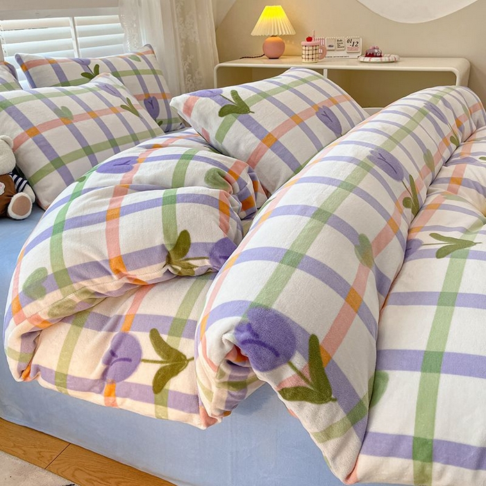 91家纺网 家纺一手货源 找家纺 蓝梦 2025新款加厚保暖牛奶绒印花四件套 甜心玫瑰-紫