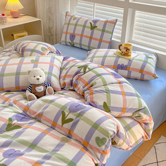 91家纺网 家纺一手货源 找家纺 蓝梦 2025新款加厚保暖牛奶绒印花四件套 甜心玫瑰-紫