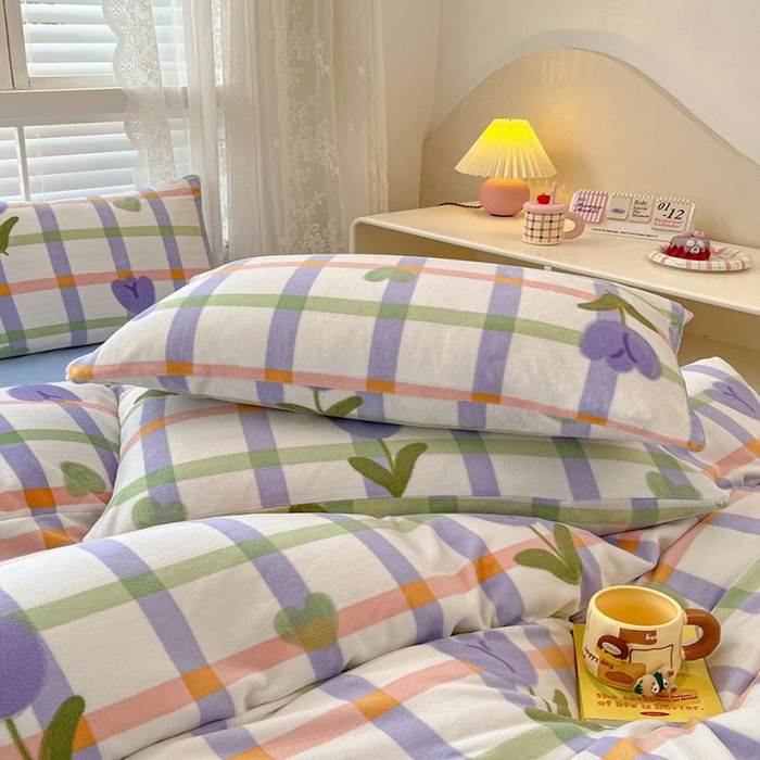 91家纺网 家纺一手货源 找家纺 蓝梦 2025新款加厚保暖牛奶绒印花四件套 甜心玫瑰-紫