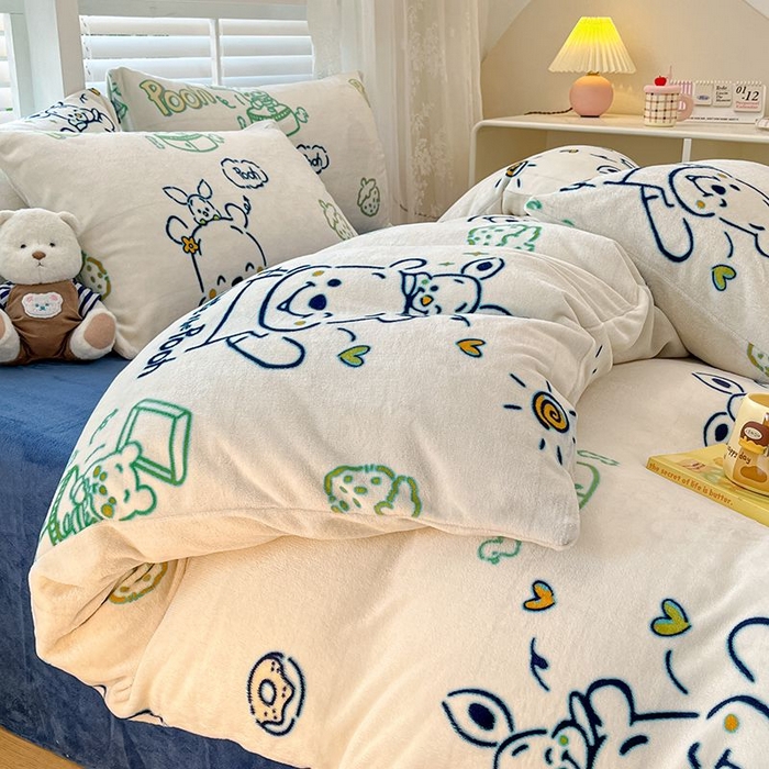 91家纺网 家纺一手货源 找家纺 蓝梦 2025新款加厚保暖牛奶绒印花四件套 熊宝乐园