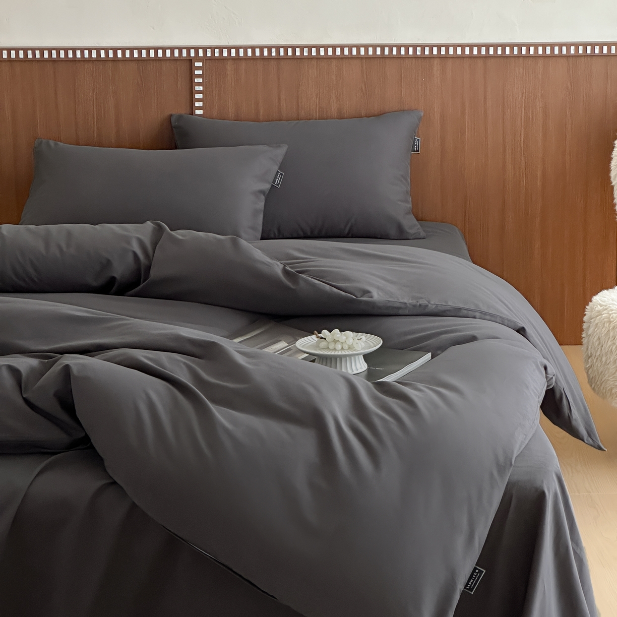 三味舒屋 2025新款50支磨毛长绒棉纯棉纯色四件套-长期主义 深灰