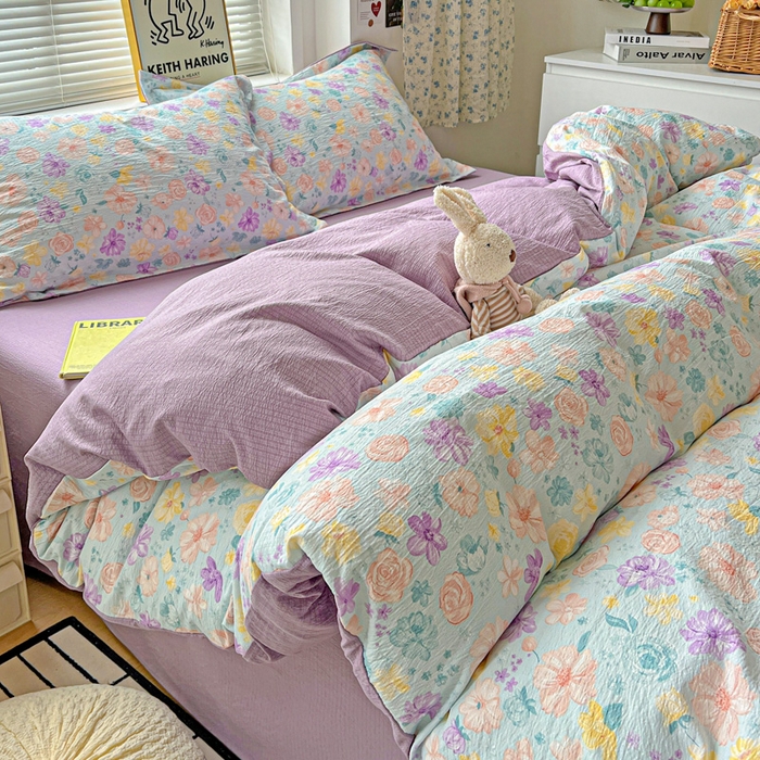 91家纺网 家纺一手货源 找家纺 一比一 2025新款古法水洗棉小布袋高克重云柔棉四件套 艾薇