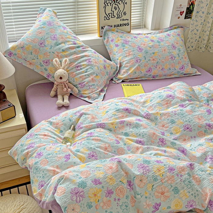 91家纺网 家纺一手货源 找家纺 一比一 2025新款古法水洗棉小布袋高克重云柔棉四件套 艾薇