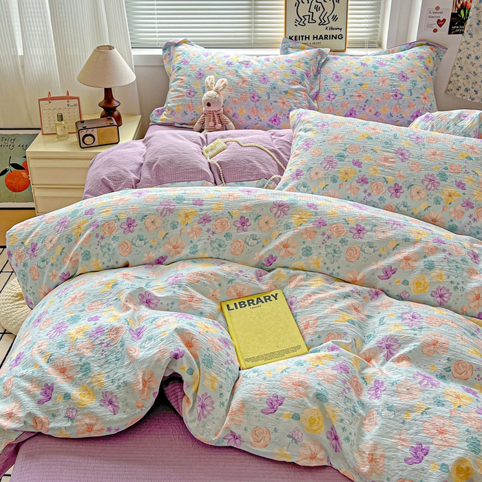 91家纺网 家纺一手货源 找家纺 一比一 2025新款古法水洗棉小布袋高克重云柔棉四件套 艾薇