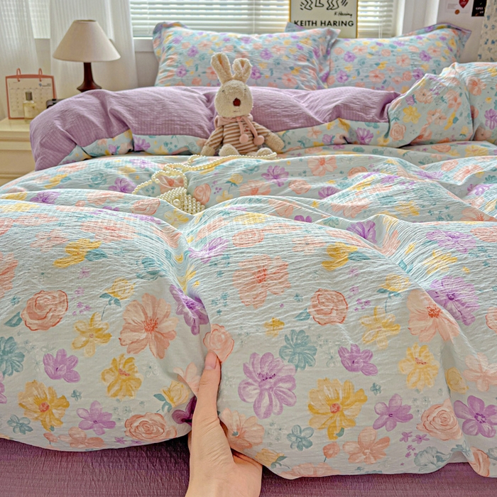 91家纺网 家纺一手货源 找家纺 一比一 2025新款古法水洗棉小布袋高克重云柔棉四件套 艾薇