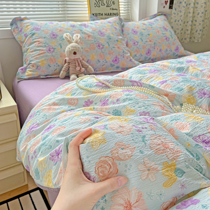 91家纺网 家纺一手货源 找家纺 一比一 2025新款古法水洗棉小布袋高克重云柔棉四件套 艾薇