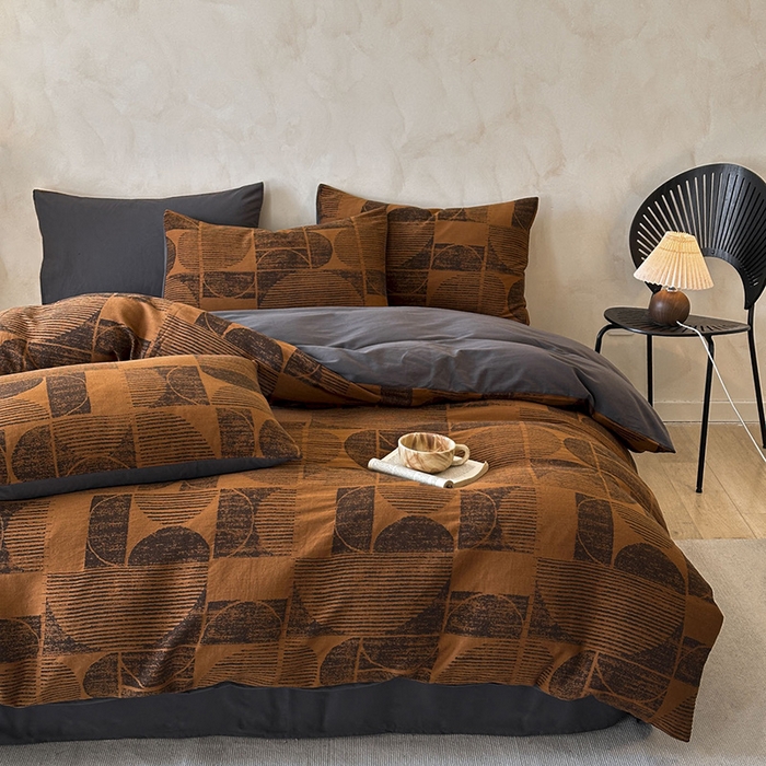 91家纺网 家纺一手货源 找家纺 蓝邻家纺 2025年新款全棉色织提花磨毛四件套 梵沐-焦糖黑