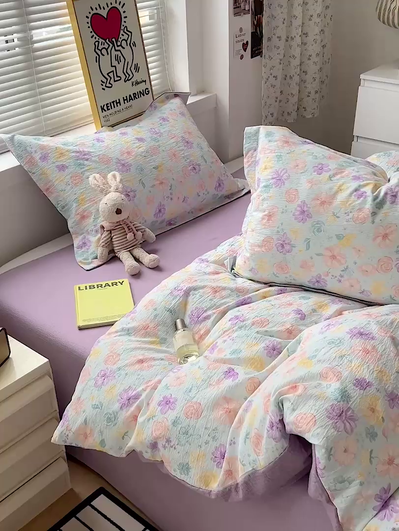 91家纺网 家纺一手货源 找家纺 一比一 2025新款古法水洗棉小布袋高克重云柔棉四件套 艾薇