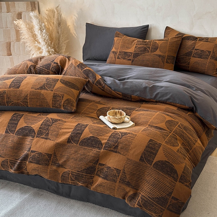 91家纺网 家纺一手货源 找家纺 蓝邻家纺 2025年新款全棉色织提花磨毛四件套 梵沐-焦糖黑