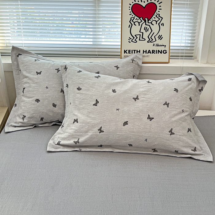 91家纺网 家纺一手货源 找家纺 一比一 2025新款古法水洗棉小布袋高克重云柔棉四件套 浮生若梦-灰