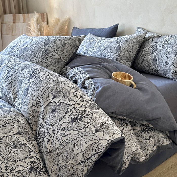 91家纺网 家纺一手货源 找家纺 蓝邻家纺 2025年新款全棉色织提花磨毛四件套 华尔兹-蓝