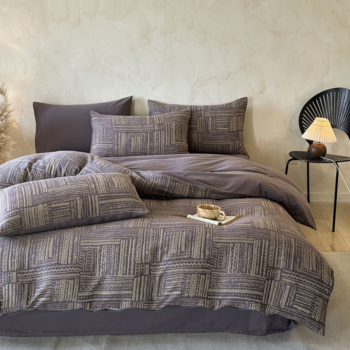 91家纺网 家纺一手货源 找家纺 蓝邻家纺 2025年新款全棉色织提花磨毛四件套 曼波夏-烟紫米