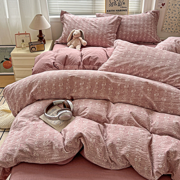 91家纺网 家纺一手货源 找家纺 一比一 2025新款古法水洗棉小布袋高克重云柔棉四件套 复古红