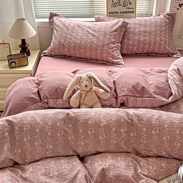 91家纺网 家纺一手货源 找家纺 一比一 2025新款古法水洗棉小布袋高克重云柔棉四件套 复古红