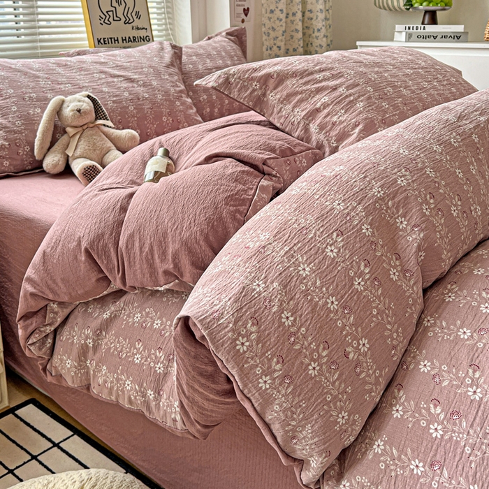 91家纺网 家纺一手货源 找家纺 一比一 2025新款古法水洗棉小布袋高克重云柔棉四件套 复古红