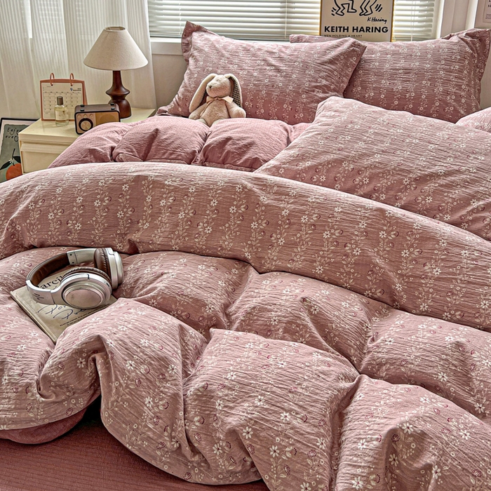 91家纺网 家纺一手货源 找家纺 一比一 2025新款古法水洗棉小布袋高克重云柔棉四件套 复古红