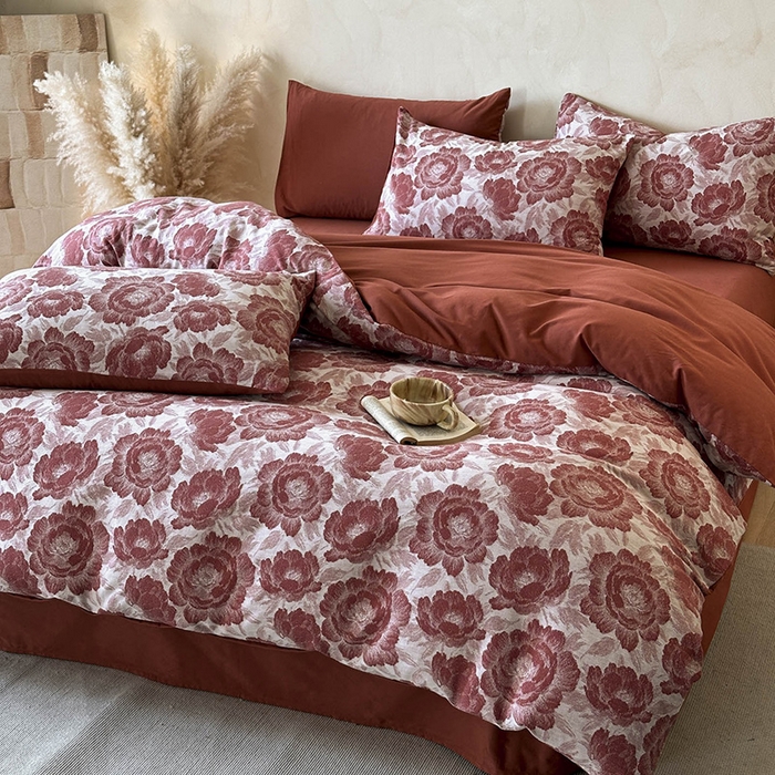 91家纺网 家纺一手货源 找家纺 蓝邻家纺 2025年新款全棉色织提花磨毛四件套 云漫-红