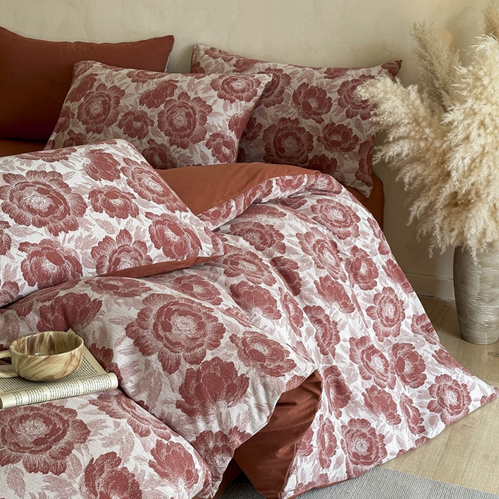 91家纺网 家纺一手货源 找家纺 蓝邻家纺 2025年新款全棉色织提花磨毛四件套 云漫-红