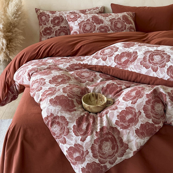 91家纺网 家纺一手货源 找家纺 蓝邻家纺 2025年新款全棉色织提花磨毛四件套 云漫-红