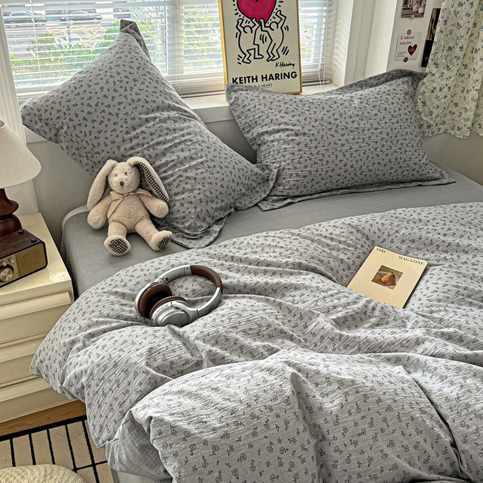 91家纺网 家纺一手货源 找家纺 一比一 2025新款古法水洗棉小布袋高克重云柔棉四件套 复古灰花