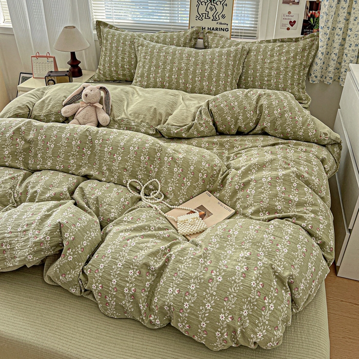 91家纺网 家纺一手货源 找家纺 一比一 2025新款古法水洗棉小布袋高克重云柔棉四件套复古绿