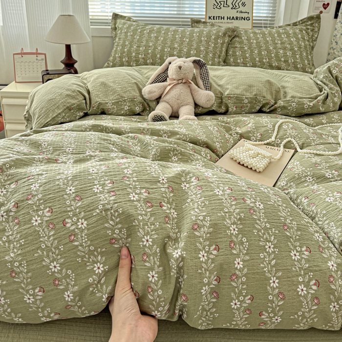 91家纺网 家纺一手货源 找家纺 一比一 2025新款古法水洗棉小布袋高克重云柔棉四件套复古绿