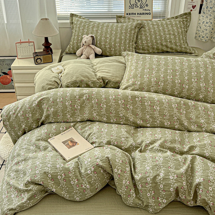 91家纺网 家纺一手货源 找家纺 一比一 2025新款古法水洗棉小布袋高克重云柔棉四件套复古绿