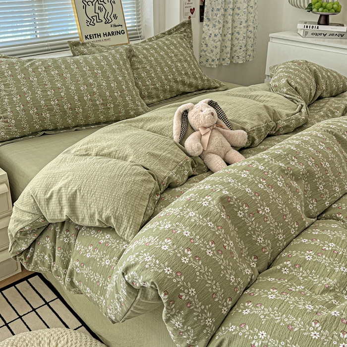 91家纺网 家纺一手货源 找家纺 一比一 2025新款古法水洗棉小布袋高克重云柔棉四件套复古绿