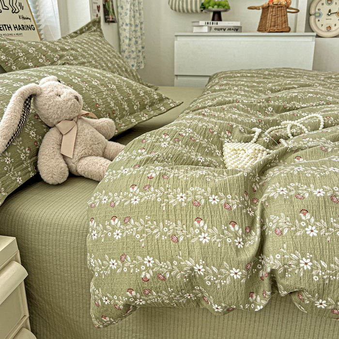 91家纺网 家纺一手货源 找家纺 一比一 2025新款古法水洗棉小布袋高克重云柔棉四件套复古绿