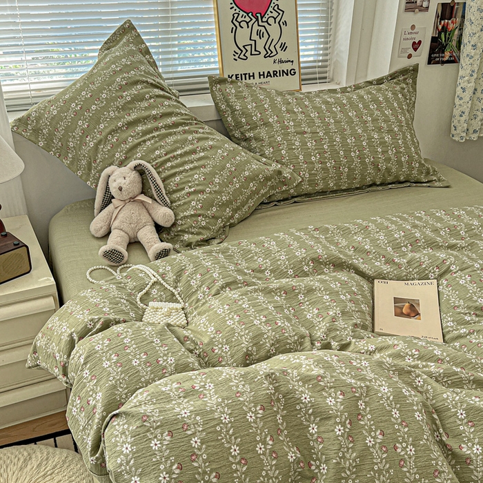 91家纺网 家纺一手货源 找家纺 一比一 2025新款古法水洗棉小布袋高克重云柔棉四件套复古绿