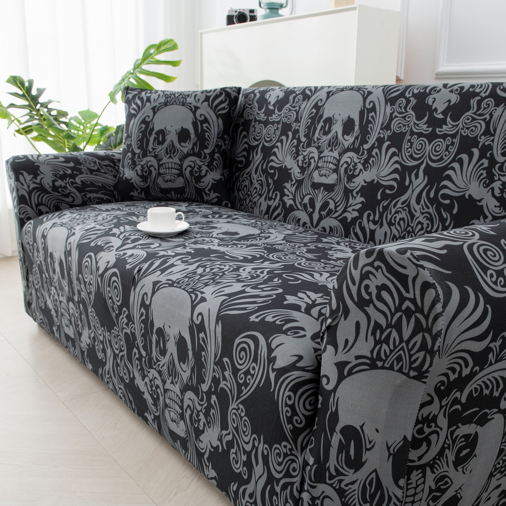 91家纺网 家纺一手货源 找家纺 飞翔家纺 2025新款沙发套沙发垫圣诞款 黑纹骷髅