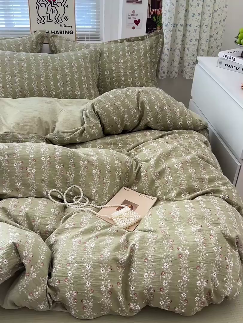 91家纺网 家纺一手货源 找家纺 一比一 2025新款古法水洗棉小布袋高克重云柔棉四件套复古绿