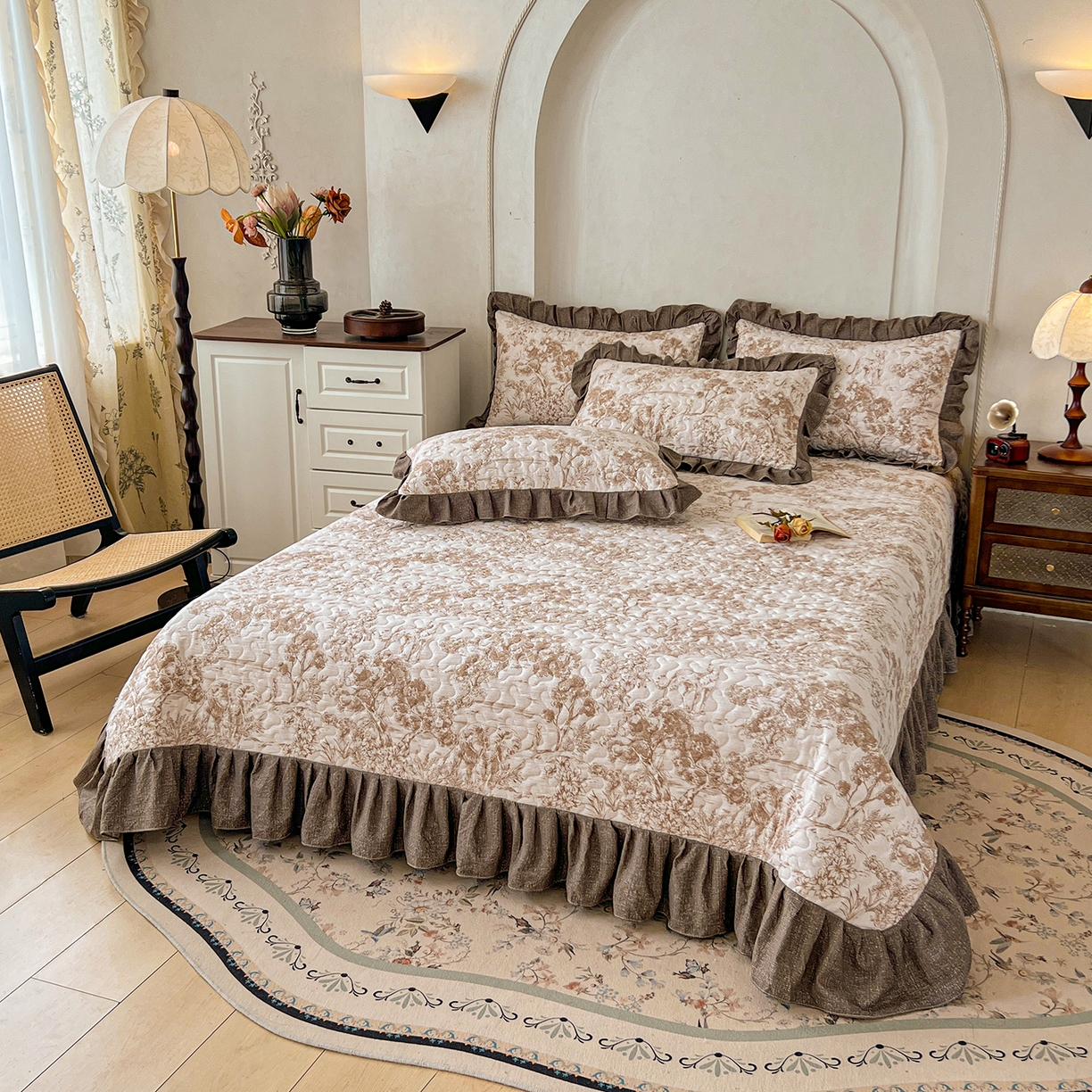 91家纺网 家纺一手货源 找家纺 笠裙家纺 2025新款a类加厚夹棉云感水洗棉床盖四件套 茶巷