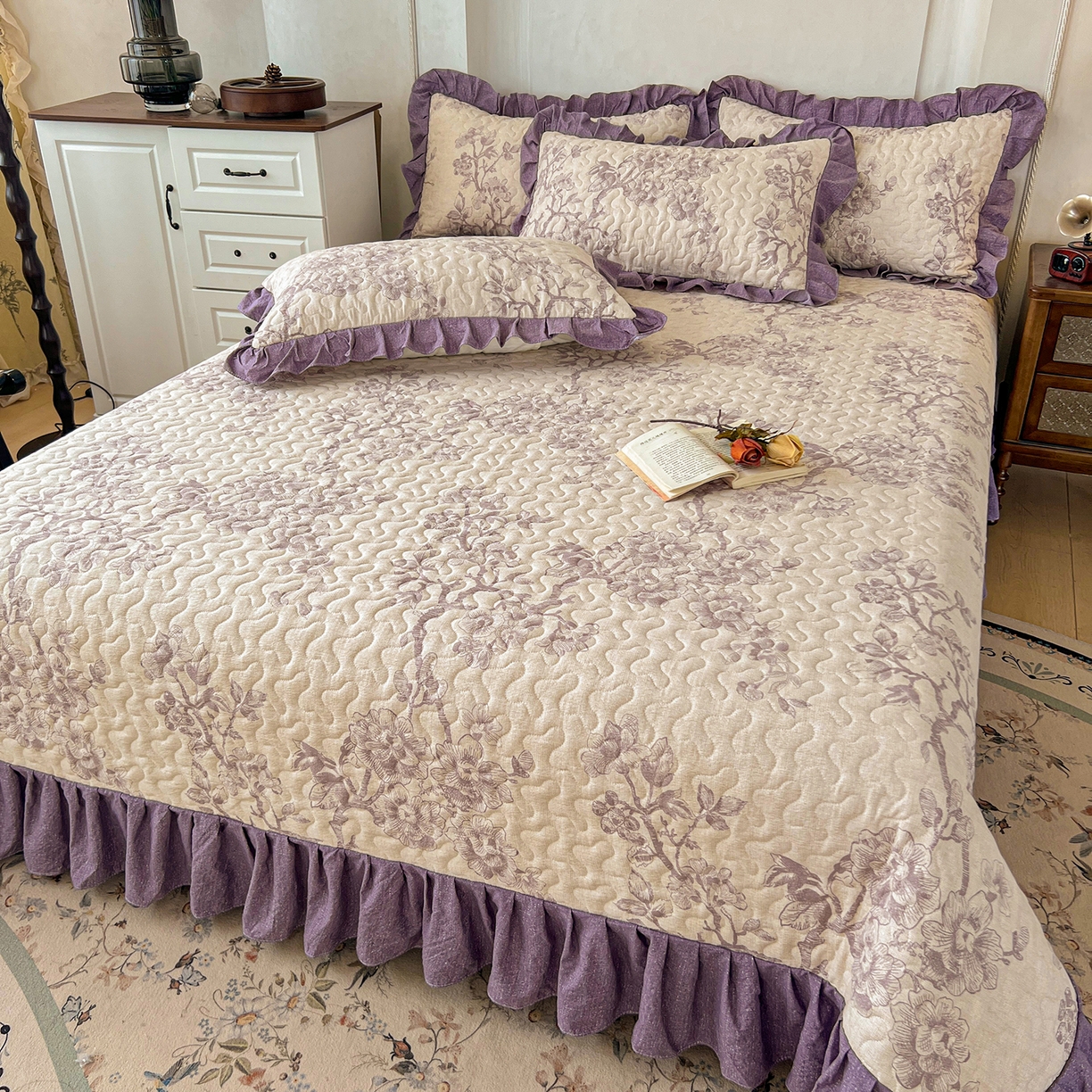 91家纺网 家纺一手货源 找家纺 笠裙家纺 2025新款a类加厚夹棉云感水洗棉床盖四件套 云黛紫