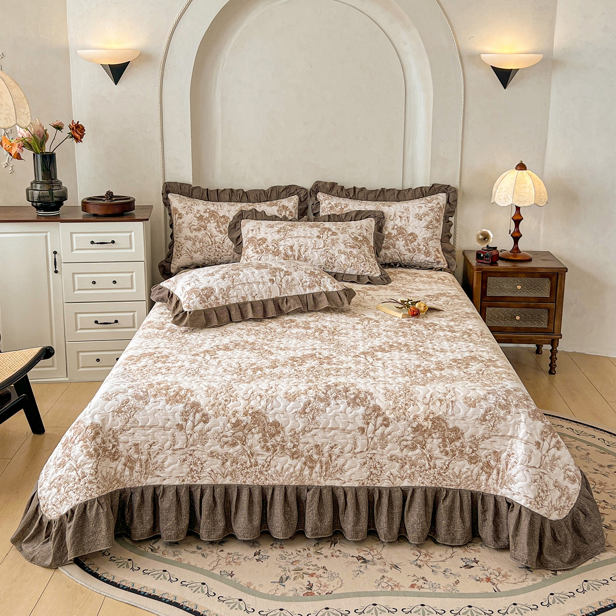 91家纺网 家纺一手货源 找家纺 笠裙家纺 2025新款a类加厚夹棉云感水洗棉床盖四件套 茶巷