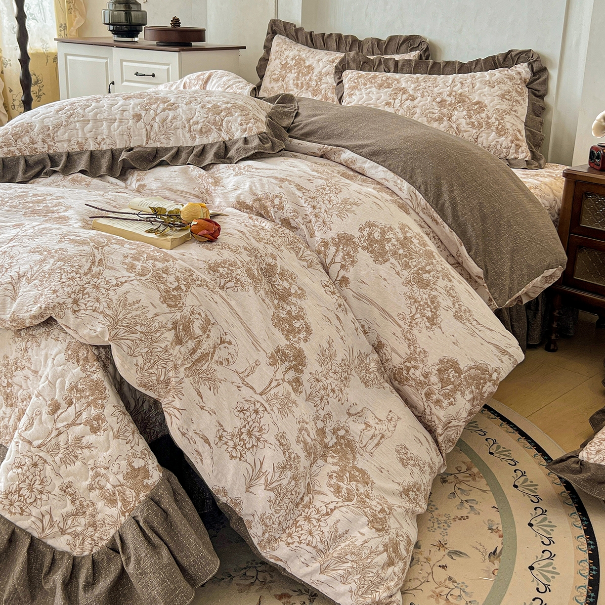 91家纺网 家纺一手货源 找家纺 笠裙家纺 2025新款a类加厚夹棉云感水洗棉床盖四件套 茶巷