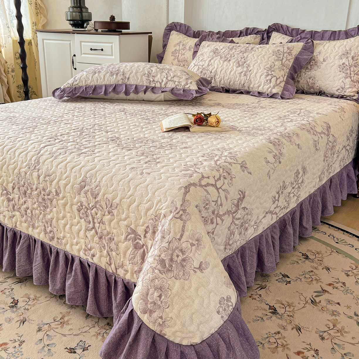 91家纺网 家纺一手货源 找家纺 笠裙家纺 2025新款a类加厚夹棉云感水洗棉床盖四件套 云黛紫