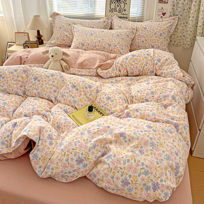 91家纺网 家纺一手货源 找家纺 一比一 2025新款古法水洗棉小布袋高克重云柔棉四件套 花海粉