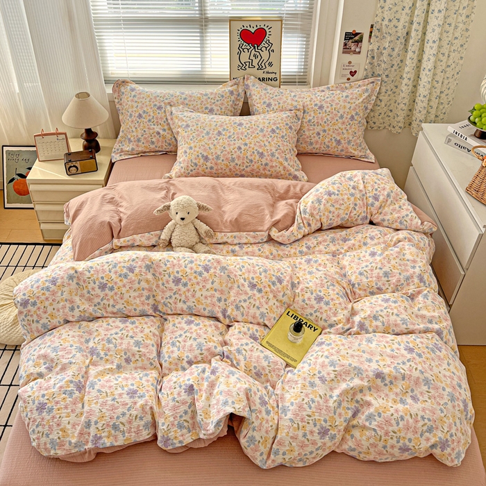 91家纺网 家纺一手货源 找家纺 一比一 2025新款古法水洗棉小布袋高克重云柔棉四件套 花海粉