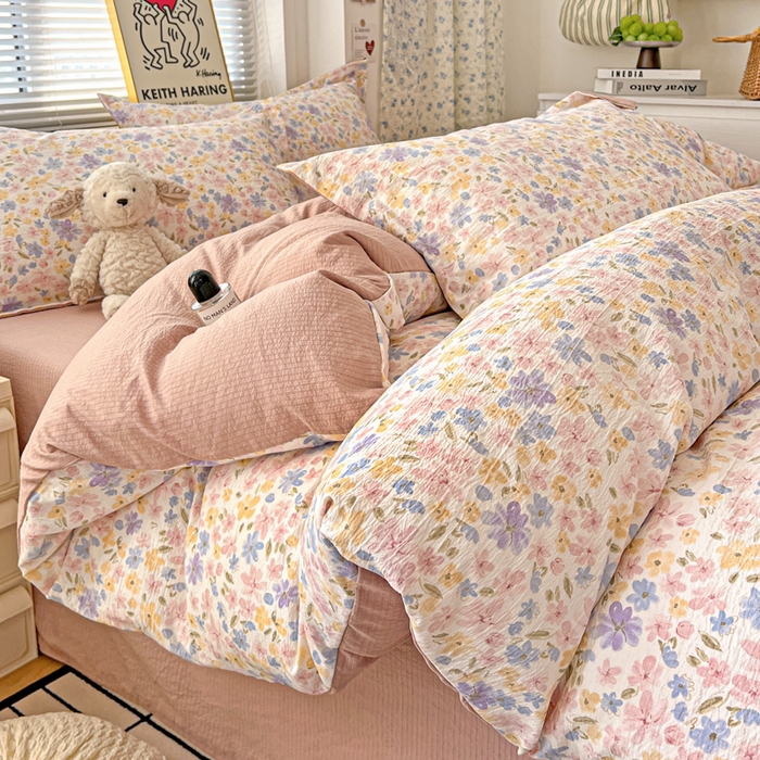 91家纺网 家纺一手货源 找家纺 一比一 2025新款古法水洗棉小布袋高克重云柔棉四件套 花海粉