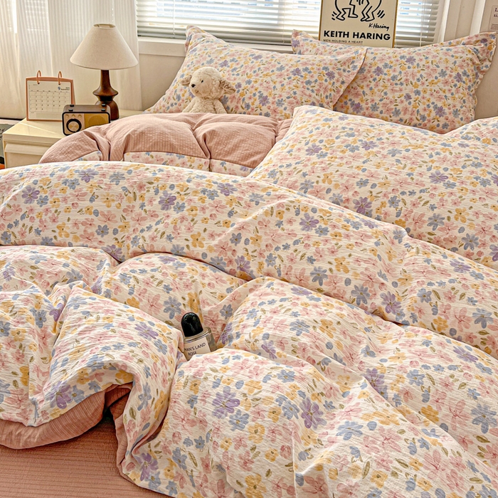 91家纺网 家纺一手货源 找家纺 一比一 2025新款古法水洗棉小布袋高克重云柔棉四件套 花海粉