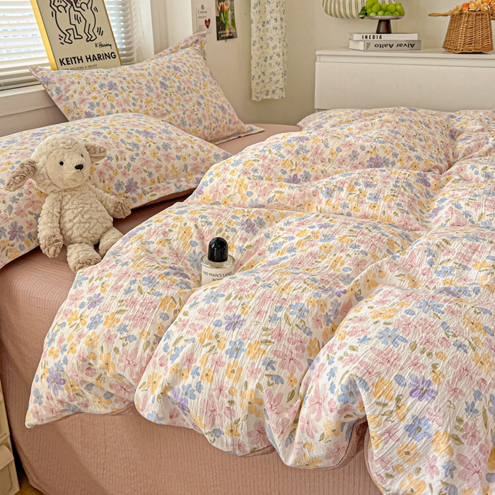 91家纺网 家纺一手货源 找家纺 一比一 2025新款古法水洗棉小布袋高克重云柔棉四件套 花海粉