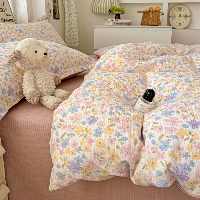 91家纺网 家纺一手货源 找家纺 一比一 2025新款古法水洗棉小布袋高克重云柔棉四件套 花海粉