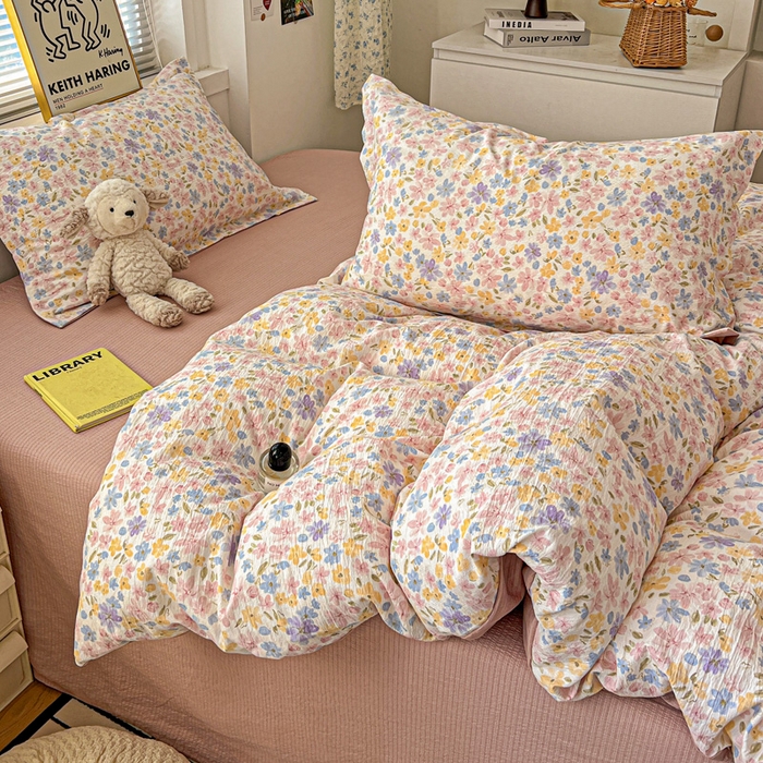 91家纺网 家纺一手货源 找家纺 一比一 2025新款古法水洗棉小布袋高克重云柔棉四件套 花海粉