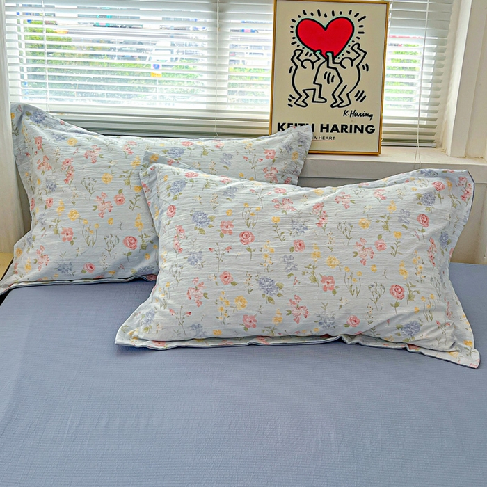 91家纺网 家纺一手货源 找家纺 一比一 2025新款古法水洗棉小布袋高克重云柔棉四件套 花海蓝