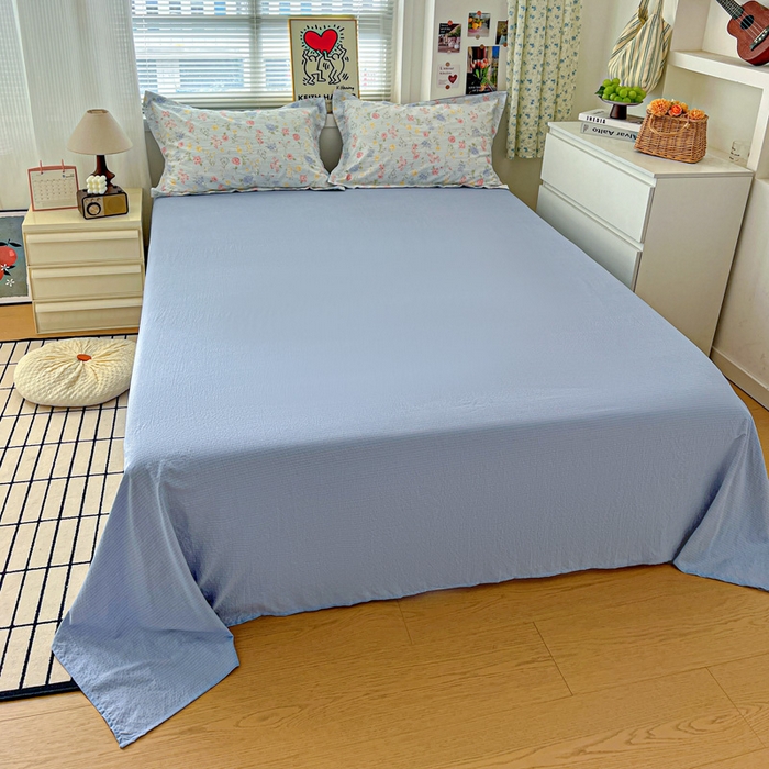 91家纺网 家纺一手货源 找家纺 一比一 2025新款古法水洗棉小布袋高克重云柔棉四件套 花海蓝