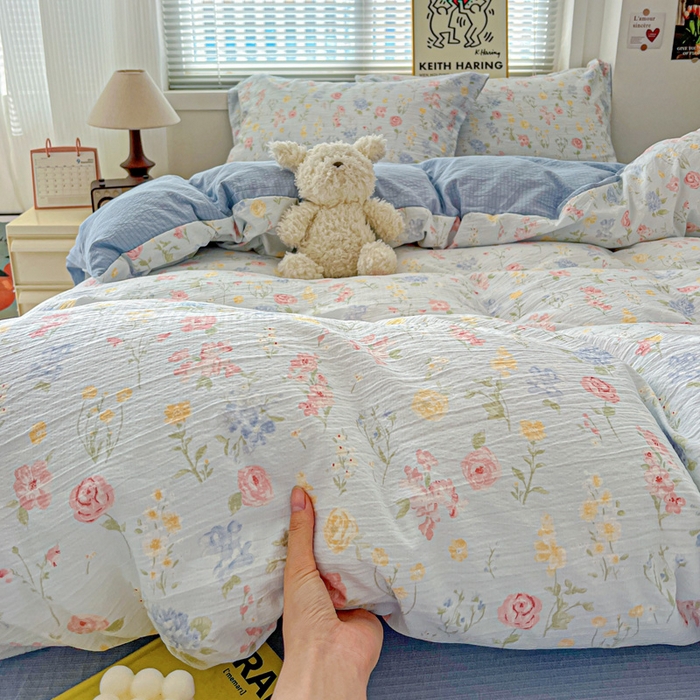 91家纺网 家纺一手货源 找家纺 一比一 2025新款古法水洗棉小布袋高克重云柔棉四件套 花海蓝